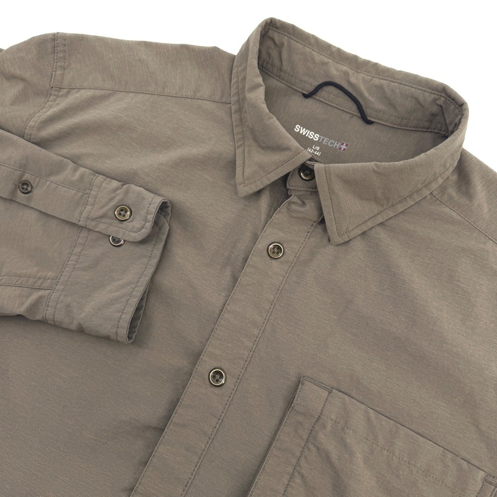 Swiss Tech Shirt Mens L Green Long Sleeve Nylon Stretch Utility Outdoor Hiking